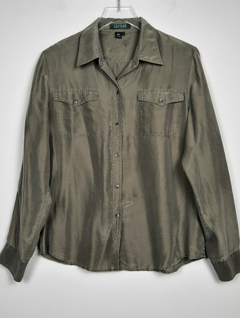 Lauren Ralph Lauren 100% Silk Green Button Front Shirt Size 14
